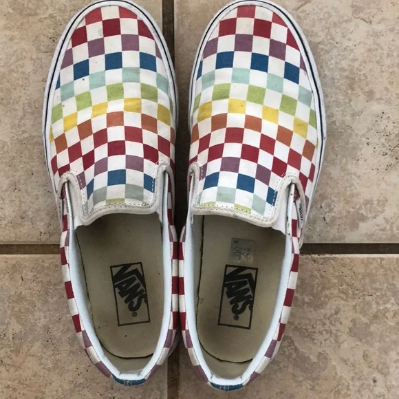rainbow checkered slip on vans